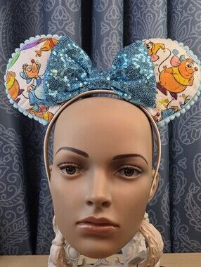 Disney Cinderella Jaq & Gus Mouse Ears Headband-Blue Sequin Bow- Handmade